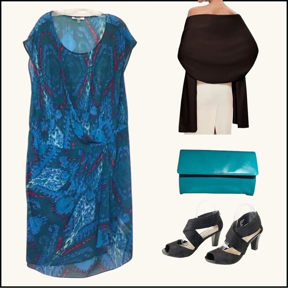 DKNYC 2X Teal Abstract Ikat Overlay Dress w/ Slip | Artsy Statement | Plus Size